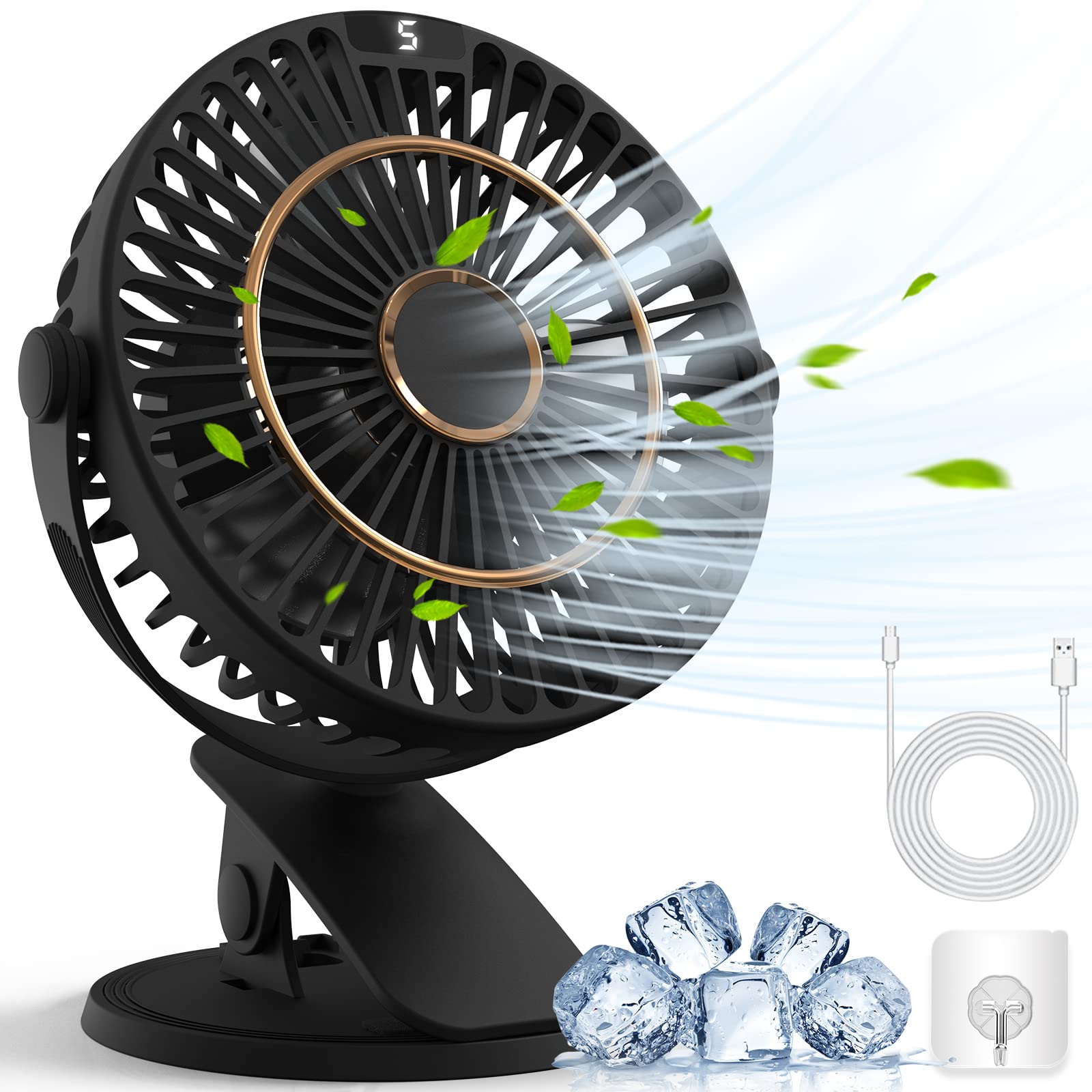 COZII Mini Ventilator, USB Ventilator Leise Clip Ventilator Tischventilator mit LED-Anzeige, 720° Drehung & 5 Geschwindigkeiten, 16cm Tragbarer Ventilator für Zuhause, Büro, Kinderwagen, Outdoor