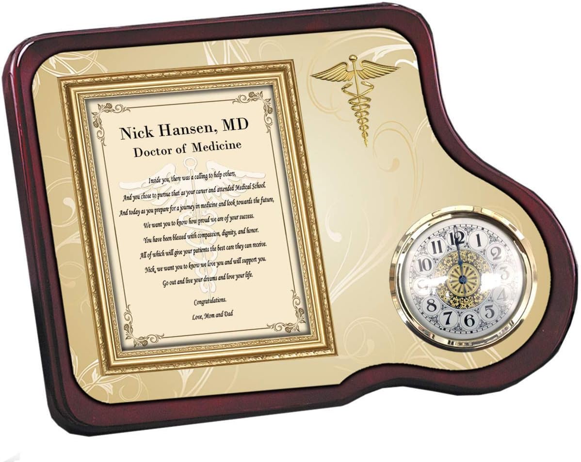 AllGiftFrames New Doctor Physician Graduation Medical School Gift Idea Unique School of Medicine MD DO Clock Plaque Poem Mahogany Desk Med School Graduate Congrats Plaque