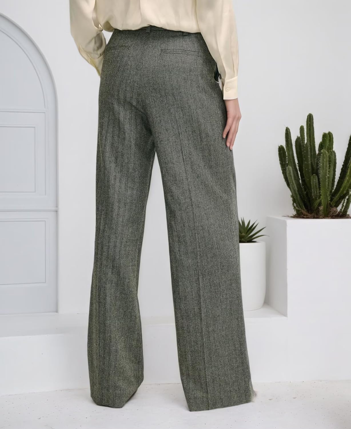 Tweed Herringbone Dress Pants for Women High Waisted Wide Leg Pants Business Casual Long Trousers with Pockets