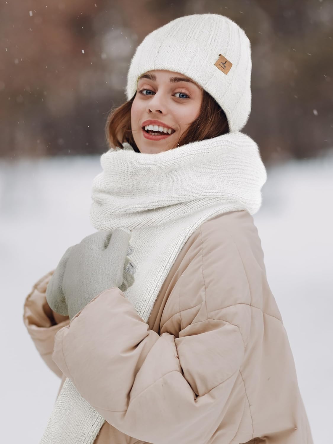 Winter Beanie Hat Scarf Gloves, Warm Fleece Knit Hat Long Scarf Neck Warmer Touch Screen Winter Gloves Set Gifts for Women - Image 6