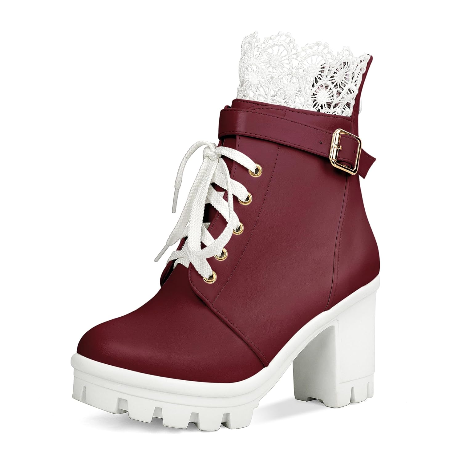 BEAUPAS Womens Chunky Platform High Heel Boots Lace Up Gothic Ankle Booties Block Heel Buckle Punk Shoes