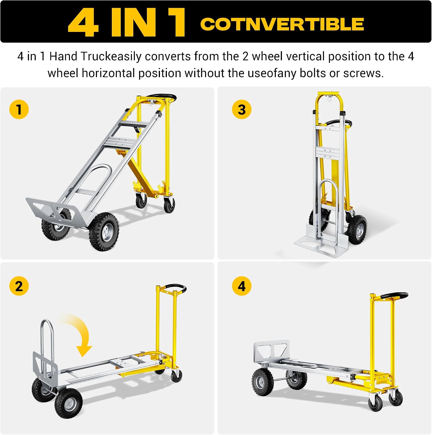 4-in-1 Convertible Dolly Cart with Wheels, 850LBS Aluminum Alloy Heavy Duty Hand Truck Dolly with Non-Slip Handle, Collapsible Cart for Luggages,Cartons,Warehouse,Supermarket,Office, Yellow