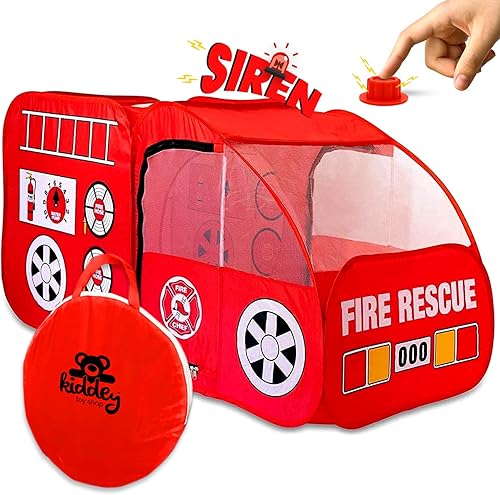 Kiddey Tienda de campaña de juegos de camión de bomberos para niños, tiendas de campaña de camiones de bomberos con sirenas y botón de sonido de
