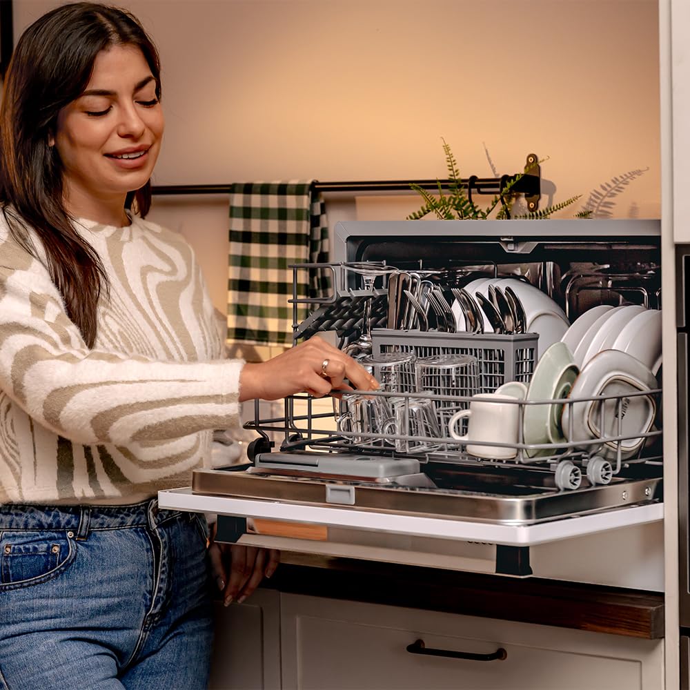 Cecotec Lavastoviglie Compact 6 Posate Bolero Aguazero 2400 White Glass, 1380 W, Finitura vetro bianco, 5 programmi, Controllo pannello touch, Programmabile fino a 24 ore, Child Lock e cestino per