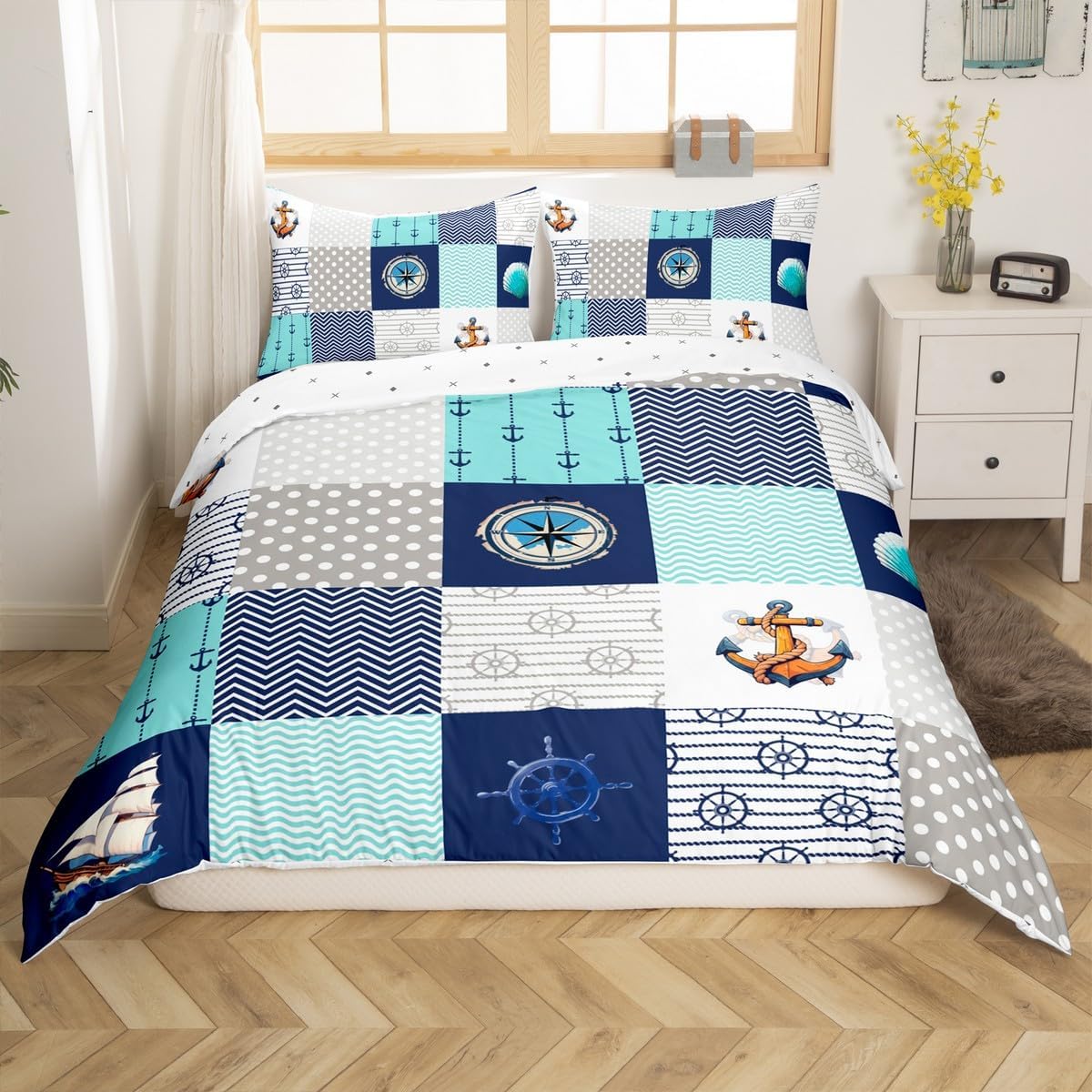 jejeloiu Anchor Decor Bedding Set for Kids Boys Girls Nautical Themed Comforter Cover Toddler Size Ocean Duvet Cover Breathable Soft Lightweight Microfiber 2Pcs