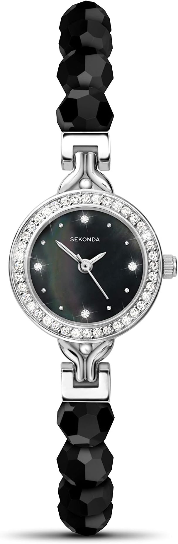 SEKONDA Ladies 22mm Quartz Dress Watch Silver Case & Crystal and Alloy Bracelet with Black Mother of Pearl Stone Set Dial