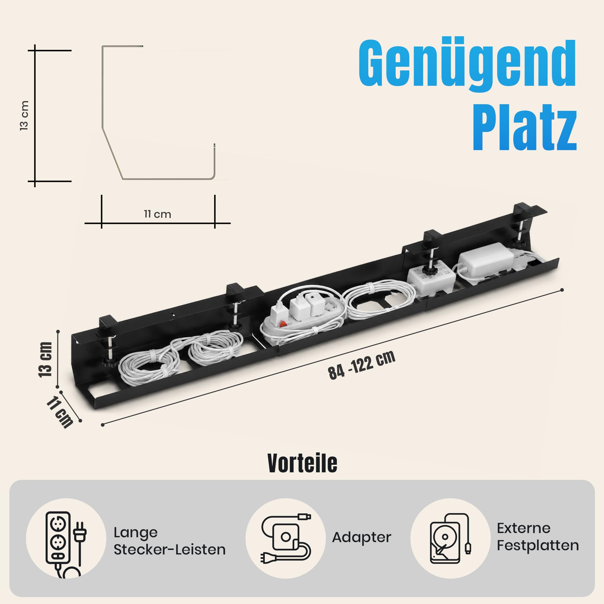 2GOODz Canaleta para cables extensible de 84 a 122 cm para escritorios | Sin taladrar, incluye Accesorios - extra ancho - acero aleado