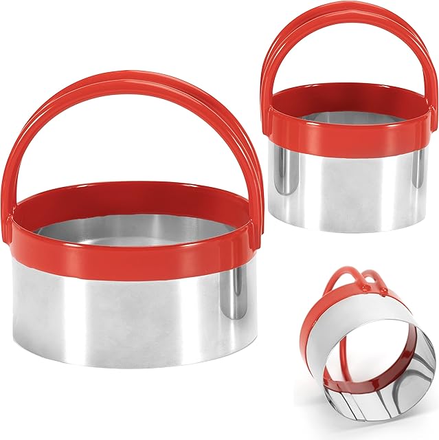COOKIEQUE Biscuit Cutter Set (3 Pieces), Circle Round Cookie Cutters with Handle, Unique Design Baking Tool with Protective Red PVC