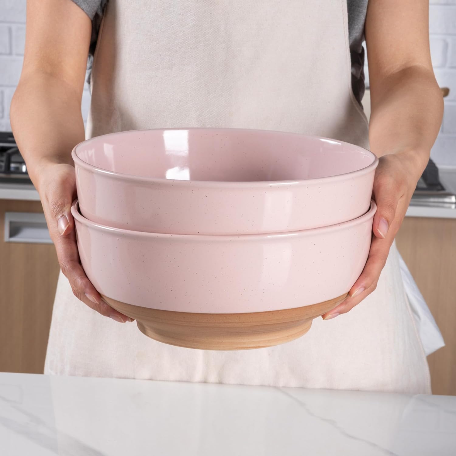 AmorArc 9.8’’ Ceramic Serving Bowls, 90 OZ Extra Large Salad Bowls Set of 2, Stoneware Oversized Bowls with Rustic Terracotta Underside for Salad, Soup and Dinner. Large Bowls for Entertaining &Gift