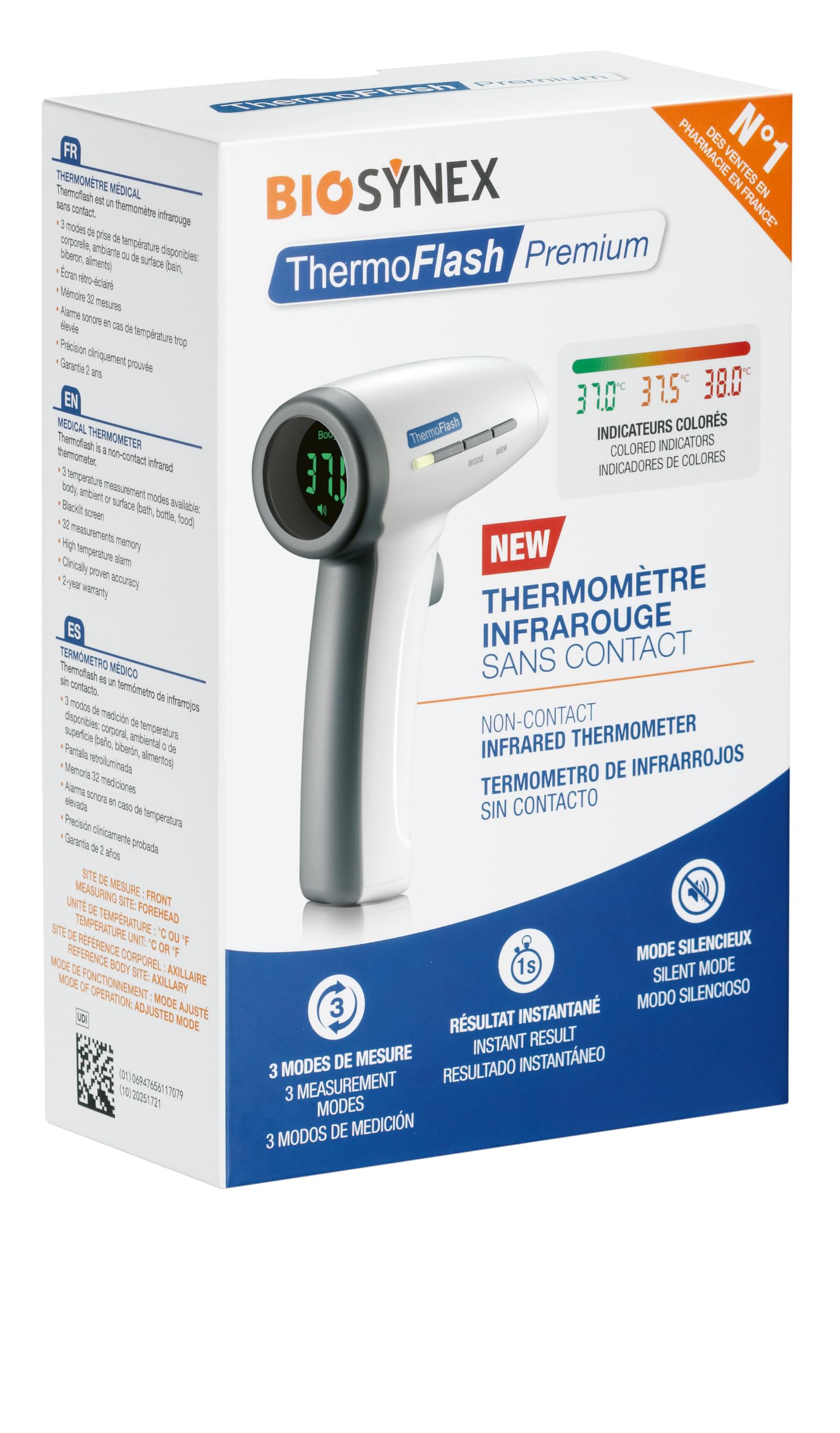 BIOSYNEX - THERMOFLASH Premium - Thermomètre Frontal Sans Contact pour Bébés, Enfants et Adultes - Thermomètre Infrarouge Médical - Température Corporelle, Ambiante, Surface (Bain, Biberon...)