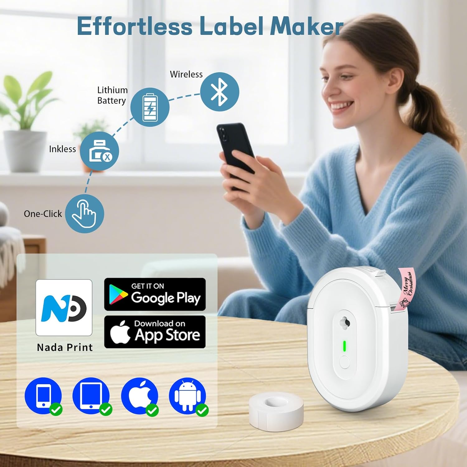 Label Maker Machine with Tape, Small Portable Bluetooth Label Printer, Handheld Mini Labeler for Home, Kitchen, Office, Waterproof Label Makers for Labeling, Gift, Kids School Items, White