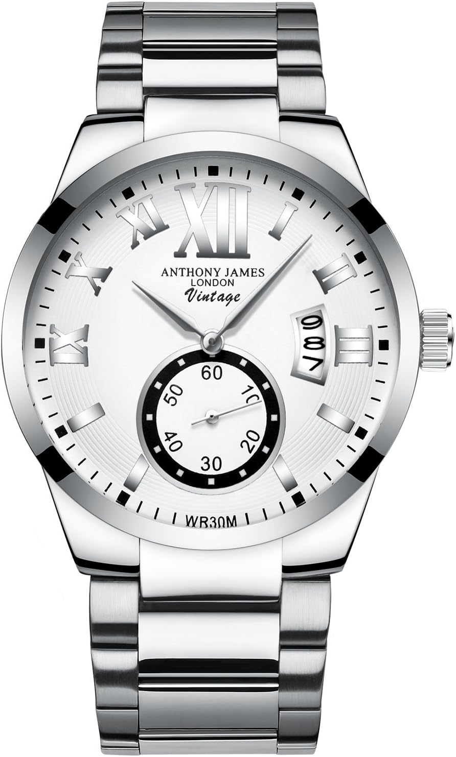 Version 3.0 ANTHONY JAMES London Vintage Men's Designer Casual Dress Wrist Watch for Men with White and Silver Dial, White Calendar and Stainless Steel Links Strap Sale, 90 Day Returns