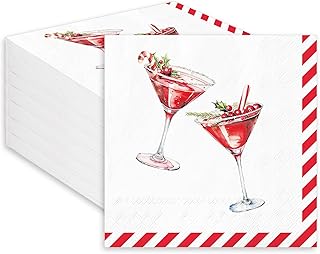 50Pcs Christmas Cocktail Napkins Disposable Paper Napkin Red Stripe Martini Beverage Napkin for Xmas Winter Party Supplies Tableware Decor