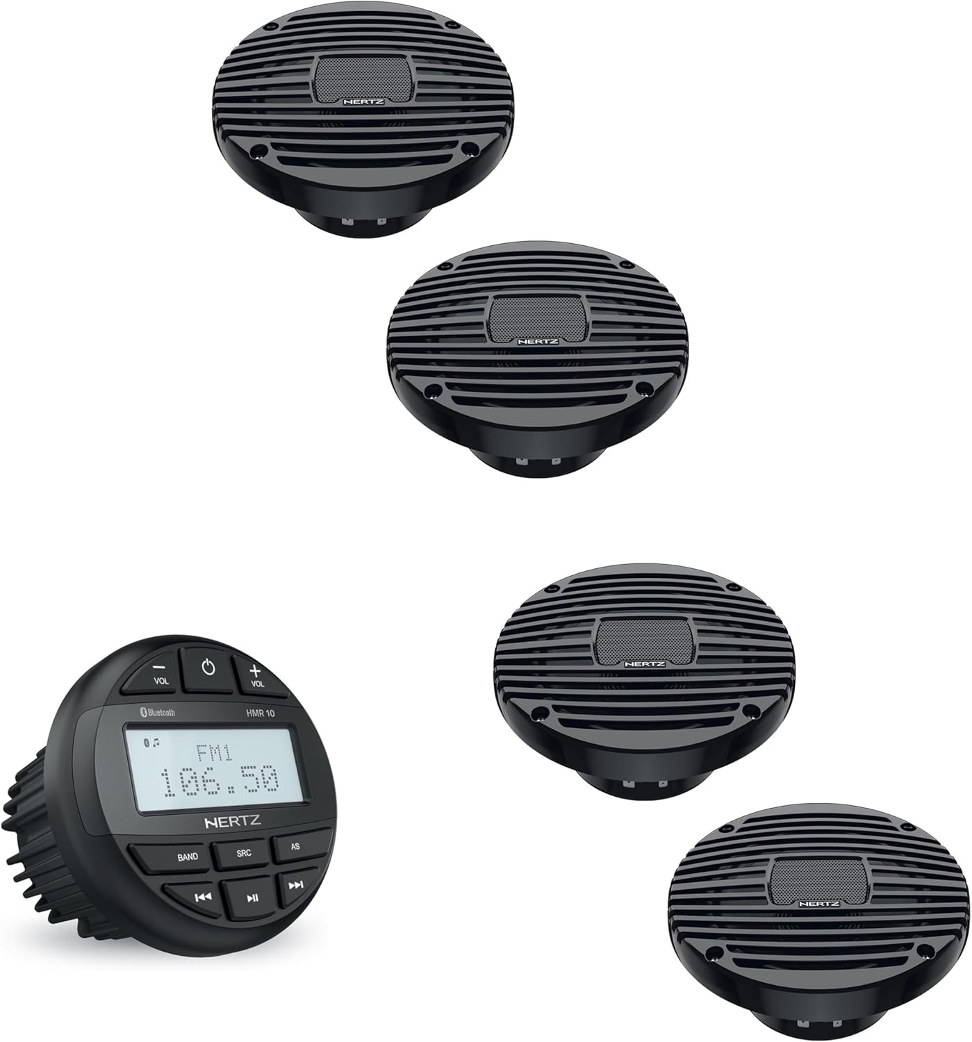 Hertz Marine Audio Bundle HMR-10 Bluetooth AM/FM Receiver + 4X 6.5 Marine Speakers Black Grilles