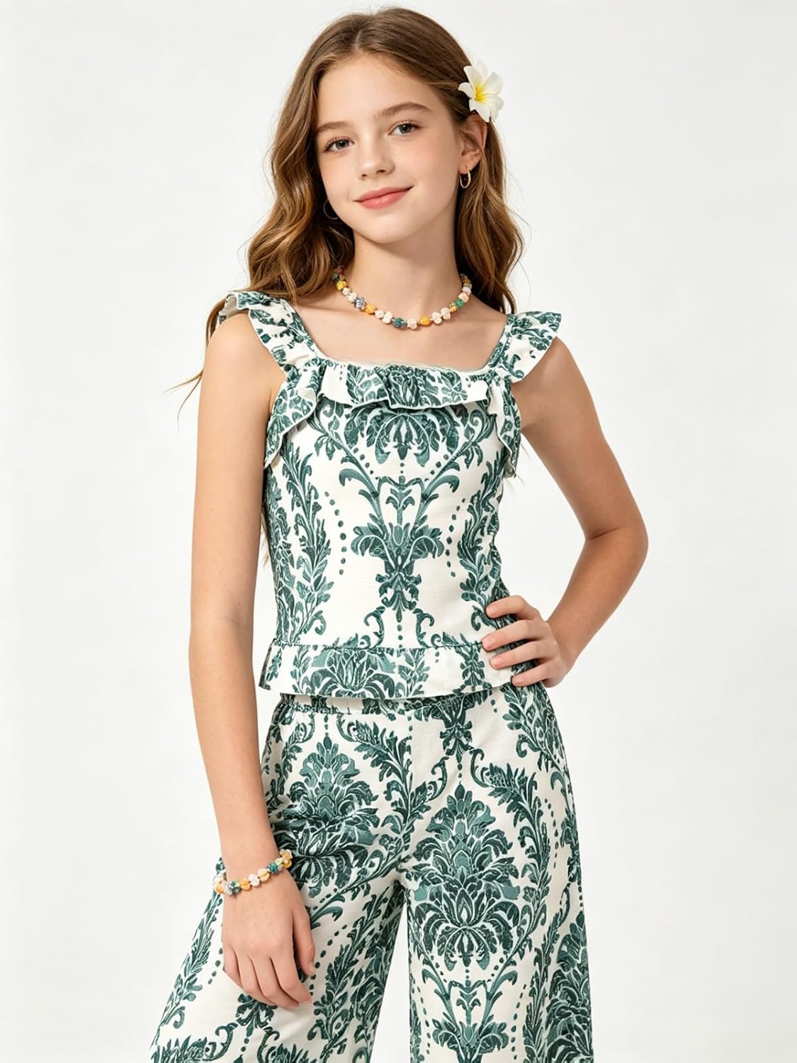 Girl's 2 Piece Outfit Summer Clothes Ruffle Sleeveless Tank Top and Pants Set with Pockets Size 6-12 image 2