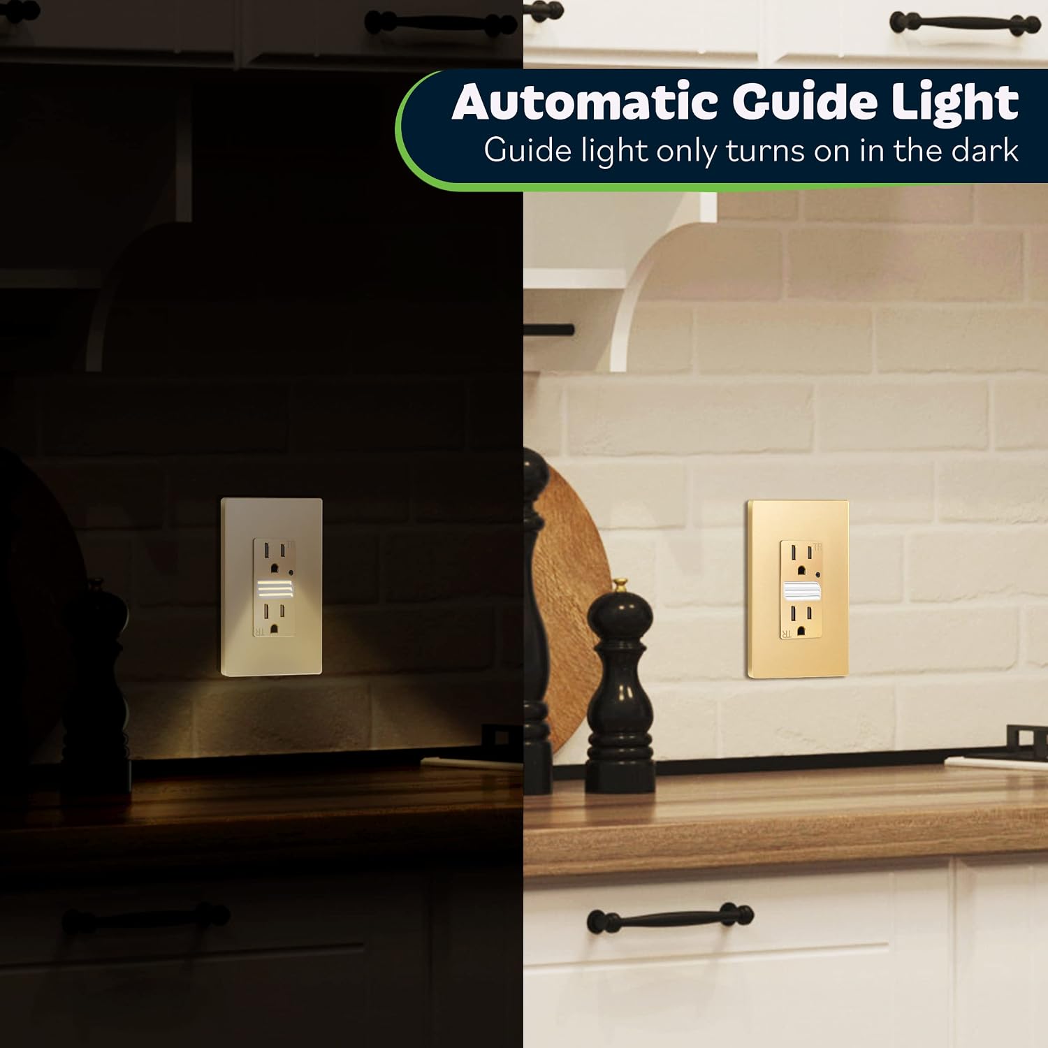 TOPGREENER LED Guide Light Receptacle with Automatic Daylight Sensor, Night Light Decorator Wall Outlet, 125VAC/15A Tamper-Resistant Receptacle, TGL215TR-GD, Gold
