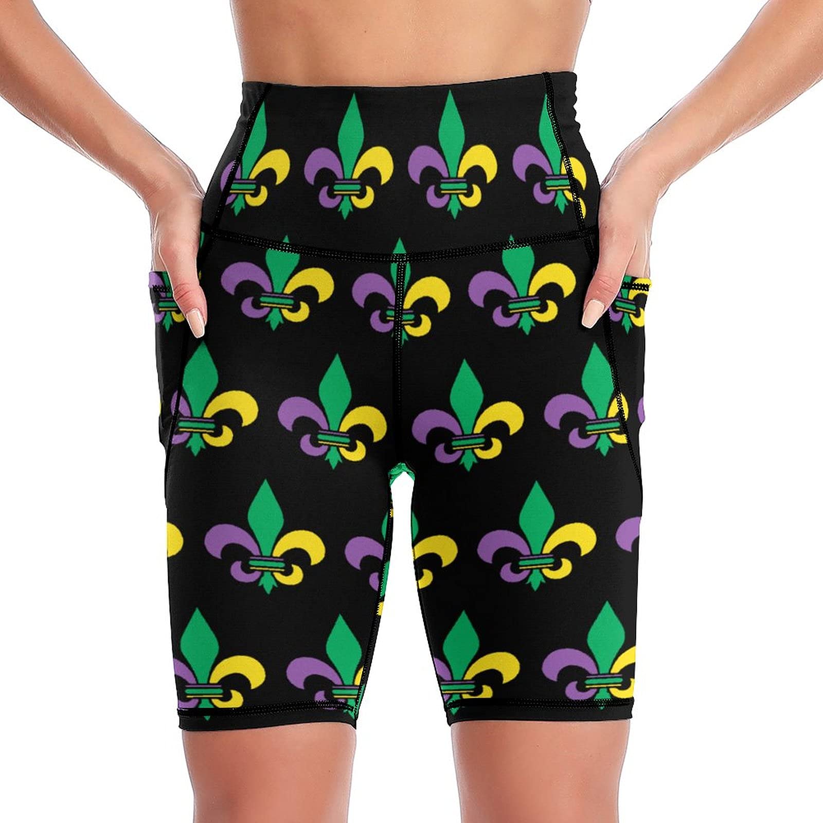 BAIKUTOUAN Mardi Gras Fleur De Lis Women's Yoga Shorts Printed Biker Workout Running Pants