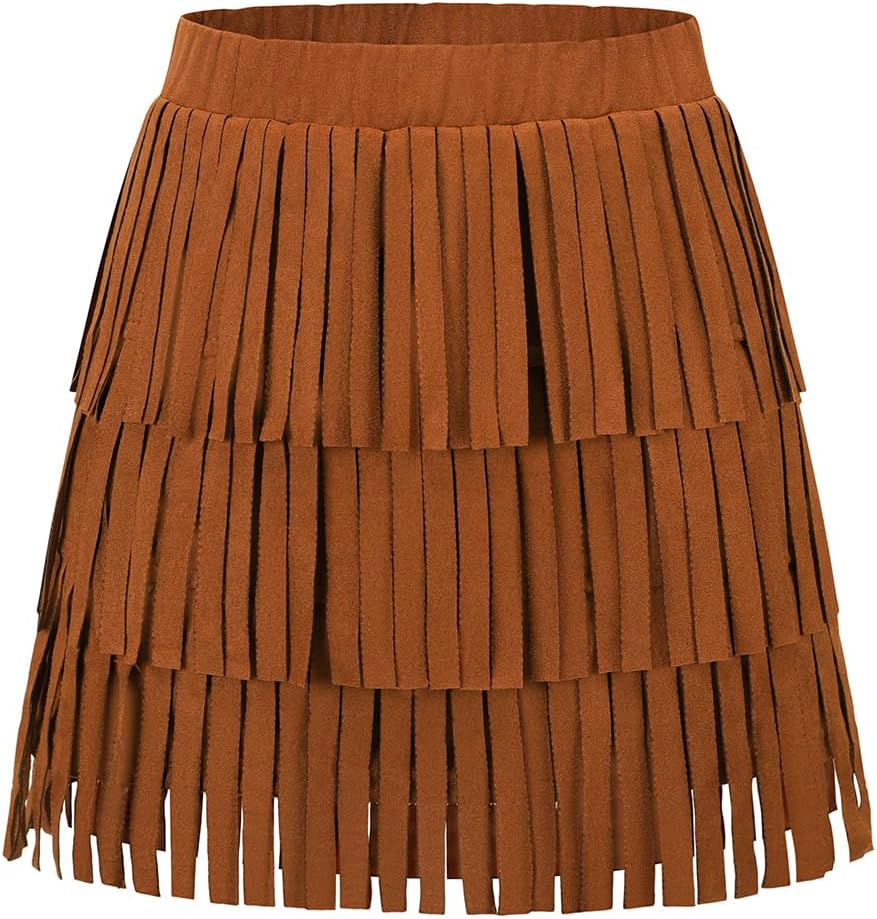 Girls Kids Cowgirl Outfits Western Faux Suede Fringe Skirt Tassel 60s 70s Hippie Ruffle Skirts