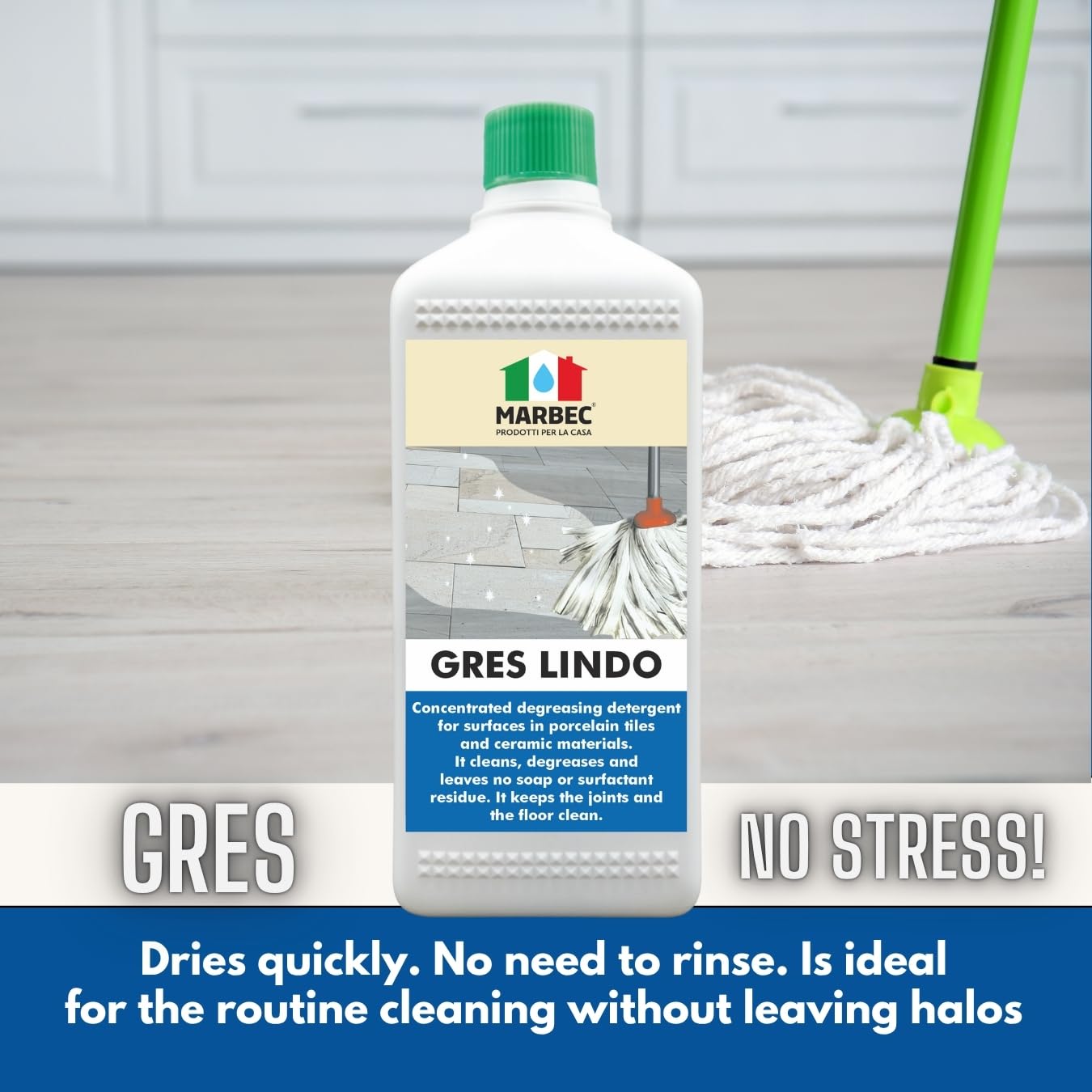 MARBEC GRES LINDO 1LT Detergente per pavimenti in gres porcellanato pulisce sgrassa senza residui. Mantiene pavimenti e fughe pulite. Ideale per Uso Quotidiano.