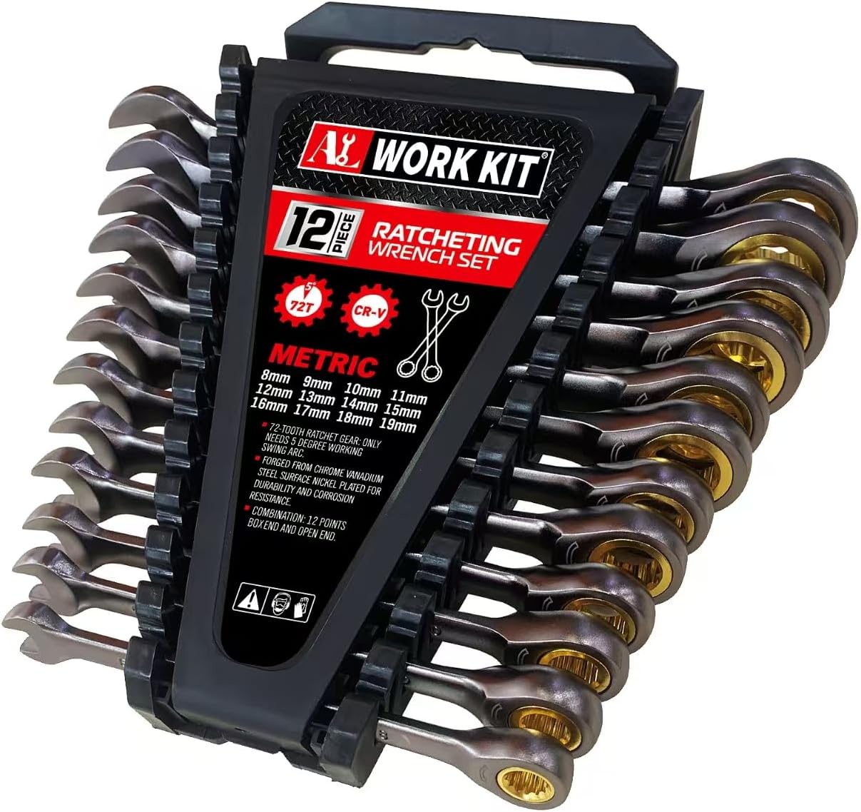 ALWORKKIT 12 Piece Metric Ratcheting Wrench Set, 8mm to 19mm, 72-Teeth Design Ratcheting Combination Wrenches Set with Plastic Rack, Premium Chrome Vanadium Steel
