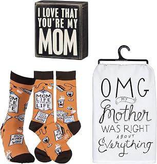 Primitives by Kathy Gift Bundle - Classic Box Sign, Dish Towel, Socks, Mom