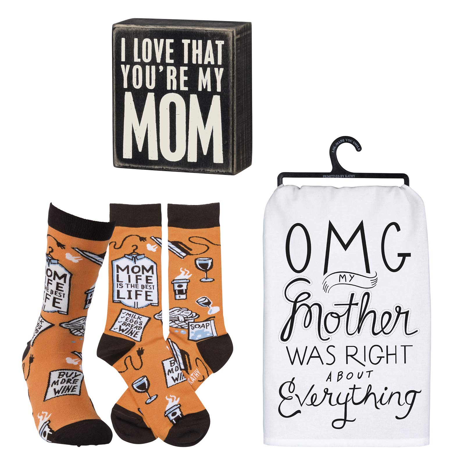 Cadeau maman coffret Primitives by Kathy plaque chaussettes et serviette