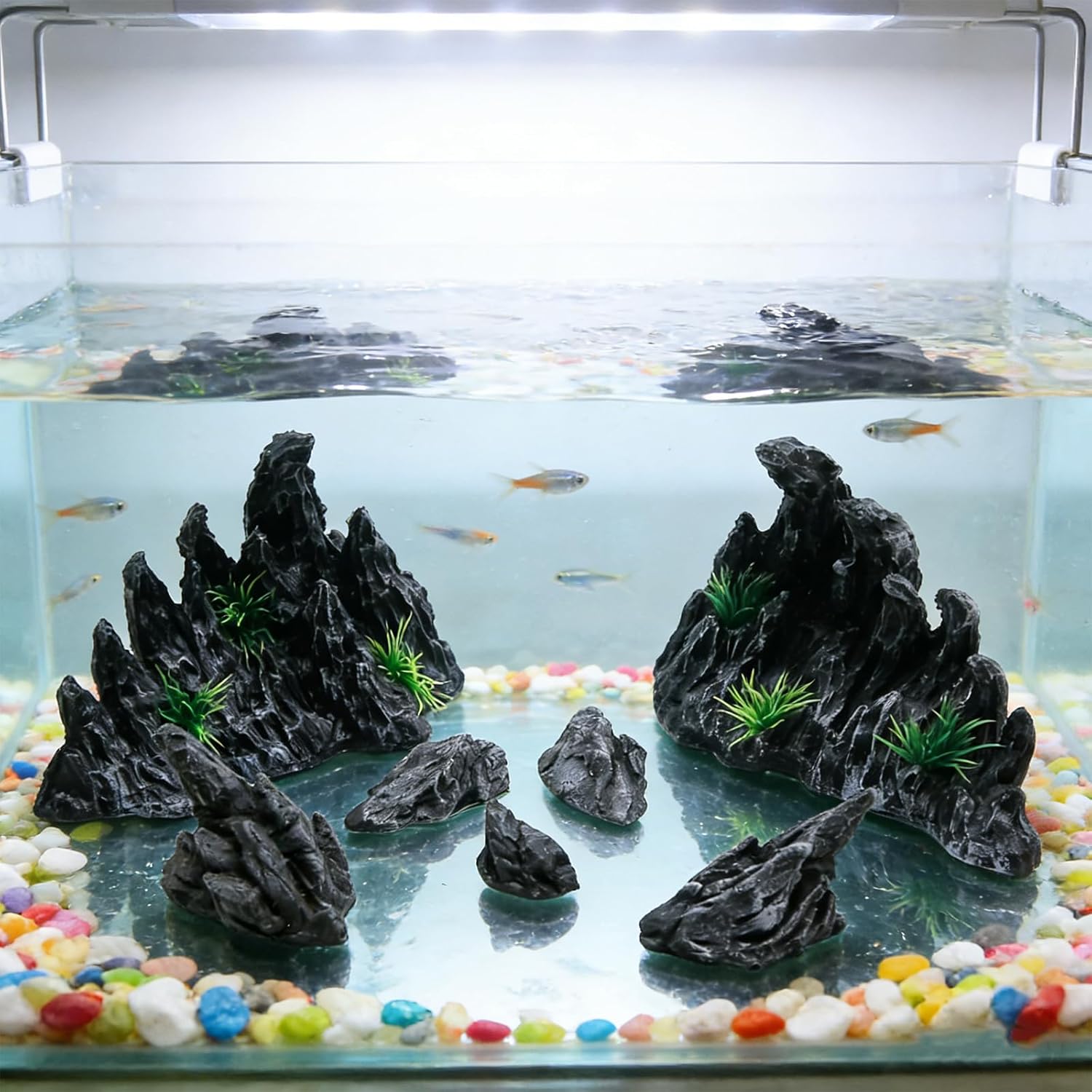 Large “Soul Valley” 7pcs Resin Aquarium Decor Set – Fish Tank Decorations, Imitation Stone Ornaments for 12-20 inch aquariums, Natural Rock Style Decor for Fresh/Saltwater Landscaping Aquariums