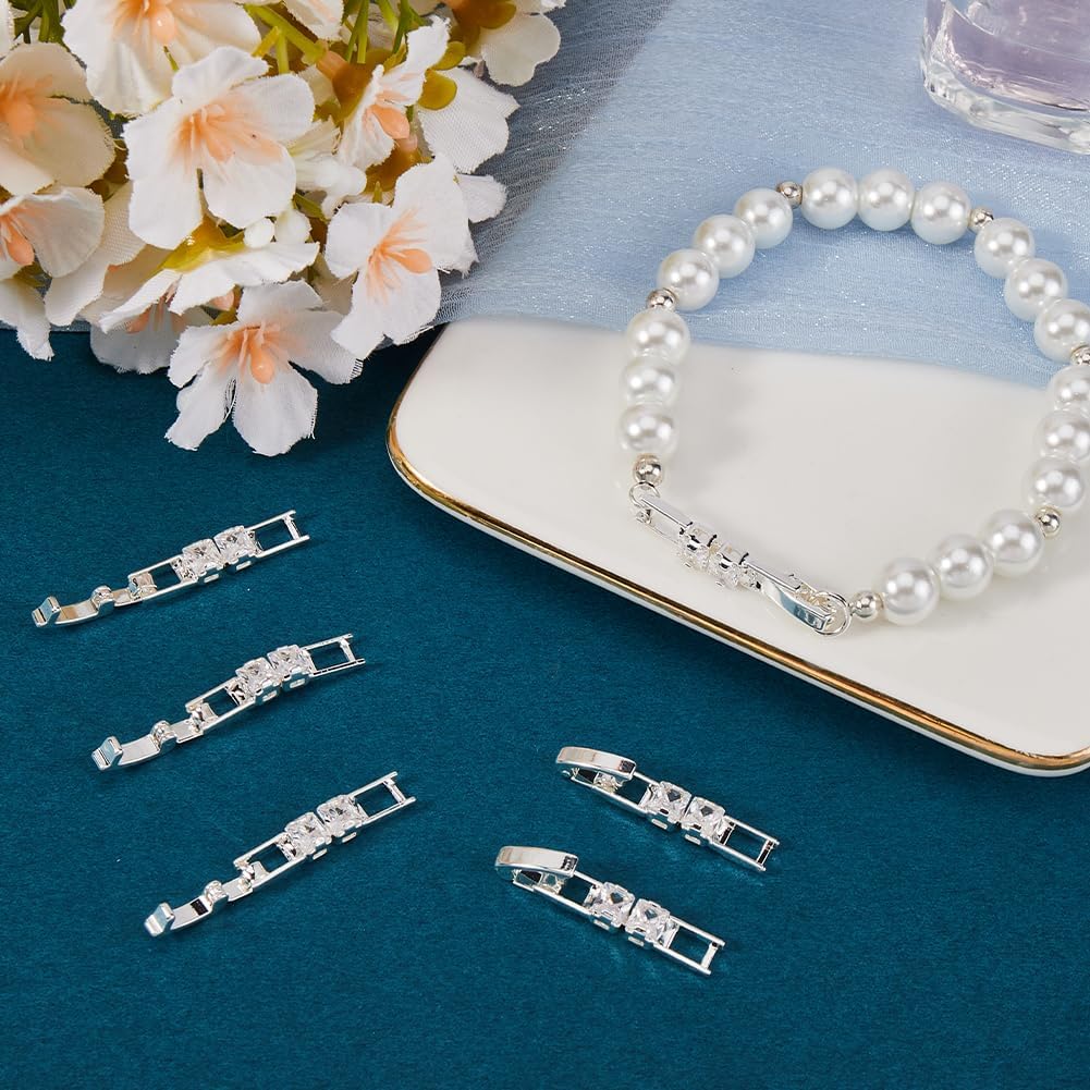 Beebeecraft 1 Box 6Pcs Cubic Zirconia Foldover Clasps Silver Brass Fold Over Extender Clasp for Necklaces Bracelets Watch Band DIY Jewelry Making Accessories