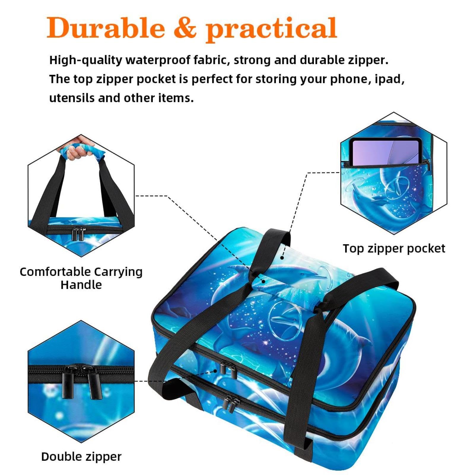Grand sac à déjeuner isotherme pour homme et femme, double couche, étanche, étanche, réutilisable, sac fourre-tout pour le travail, l'école, le pique-nique, la plage, le camping, les voyages, motif