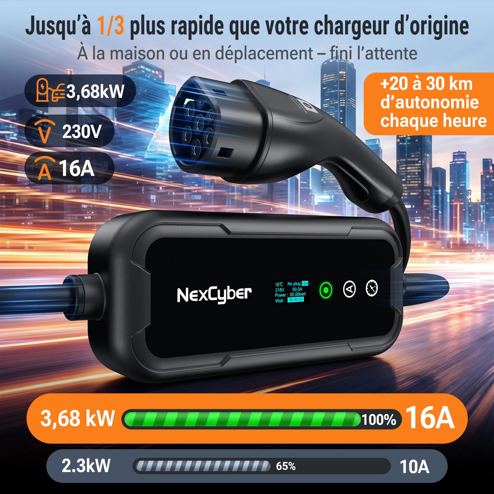 Chargeur Voiture Electrique 3.68kW Mobile avec App & OLED, 5,6M monophasé 230V, 8-16A réglable, Prise CEE 20A 2 pôles IP66+FI, Type 2, Mural & Portable, pour Model 3/Y, ID.3, etc. BEV/PHEV