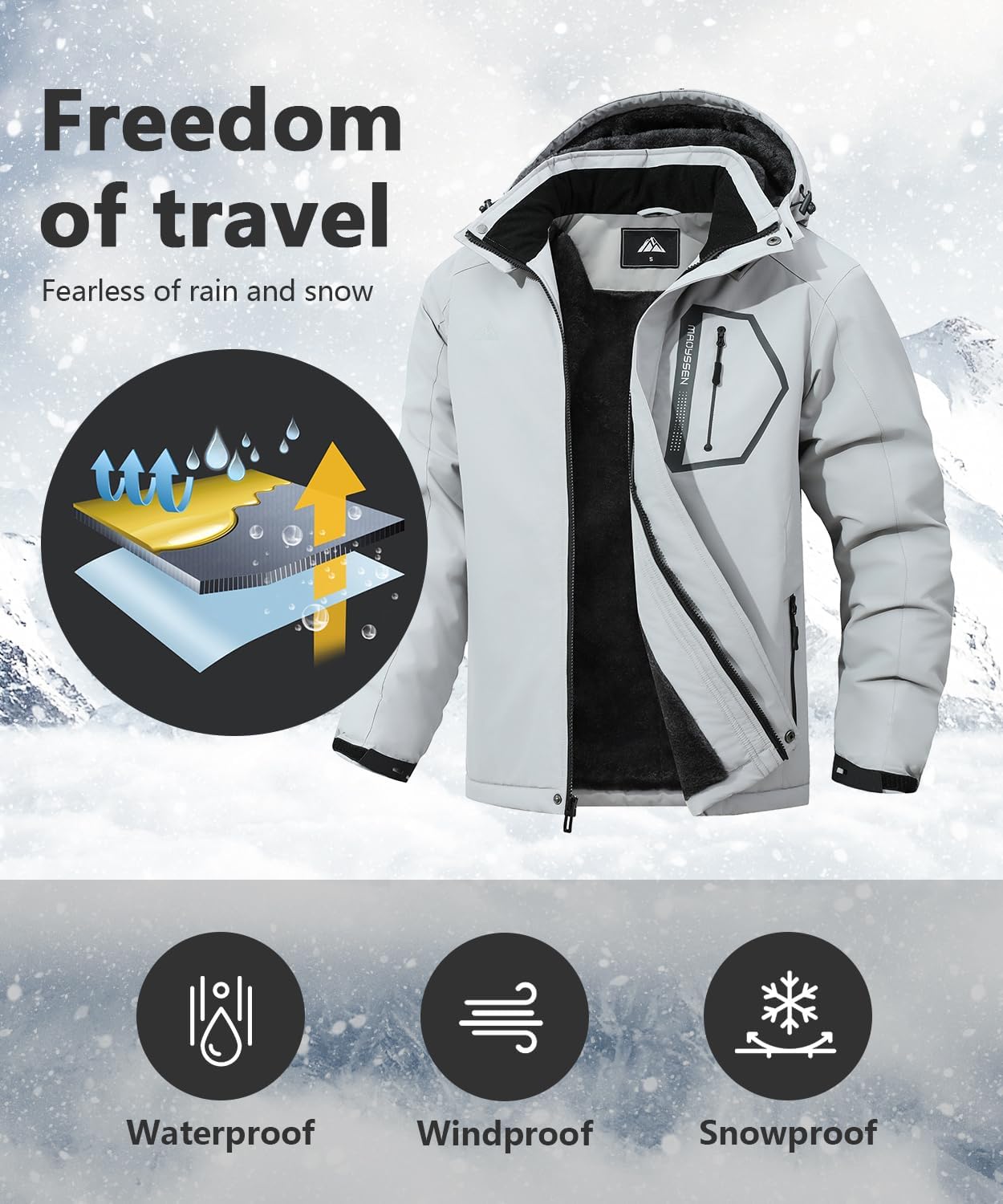 Men's Waterproof and Windproof Ski Jacket, Winter Raincoat with Multiple Pockets, Suitable for Out