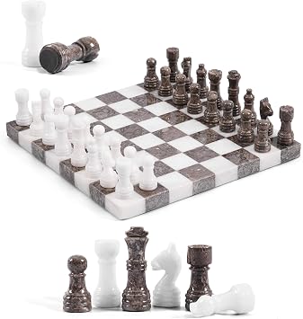 Marble Chess Set 10 Inch White & Oceanic Luxury Chess Board Set with 32 Pieces & 2 Extra Queens Classic 2 Player Game for Adults and Perfect for Memorial Day Decor