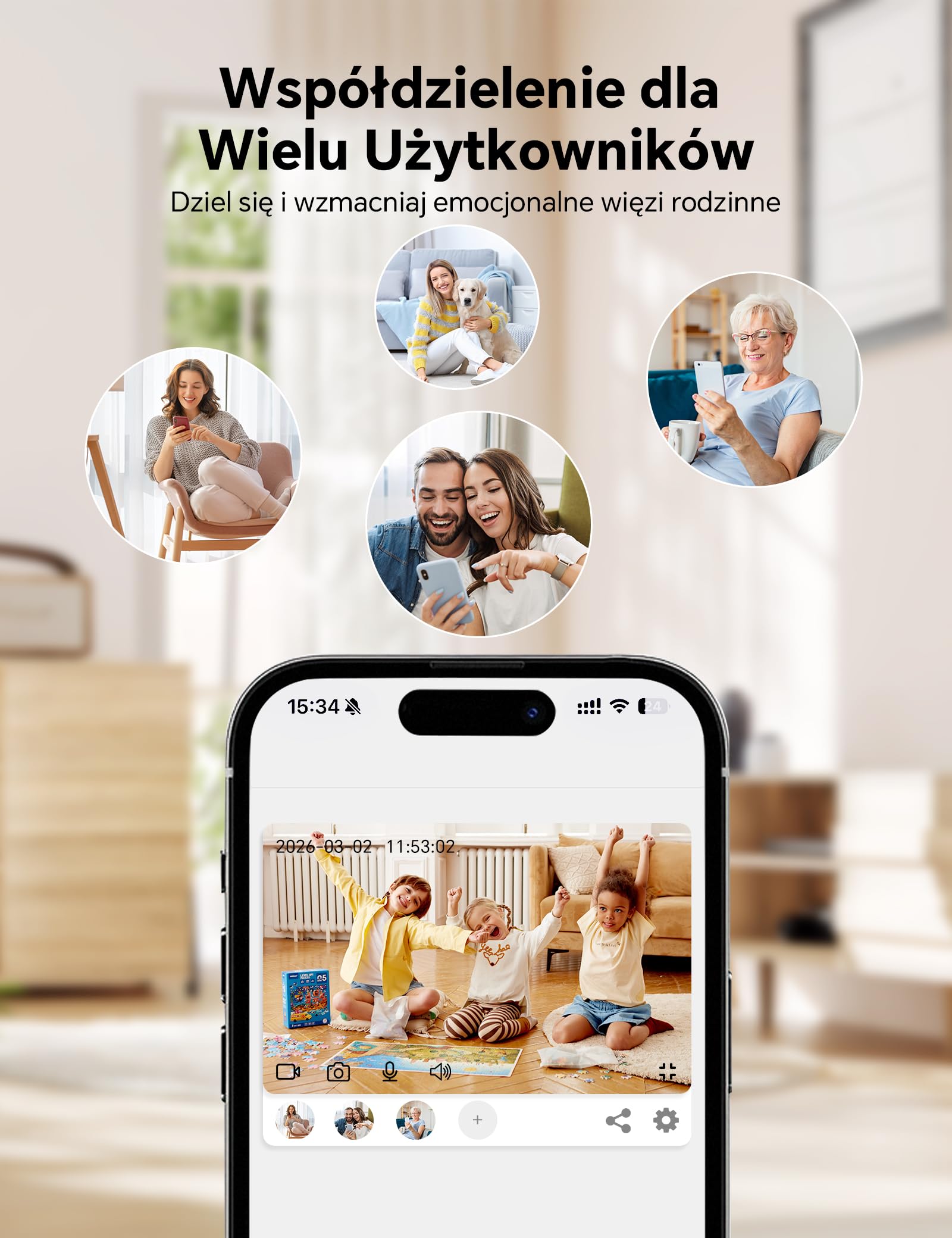 WOLFANG Kamera bezpieczeństwa 2K do użytku wewnątrz, kamera WiFi 3 MP, kamera dla zwierząt domowych z wykrywaniem dźwięku ruchu, obrót o 360°, noktowizor, 2-drożny dźwięk, chmura/SD, działa tylko z