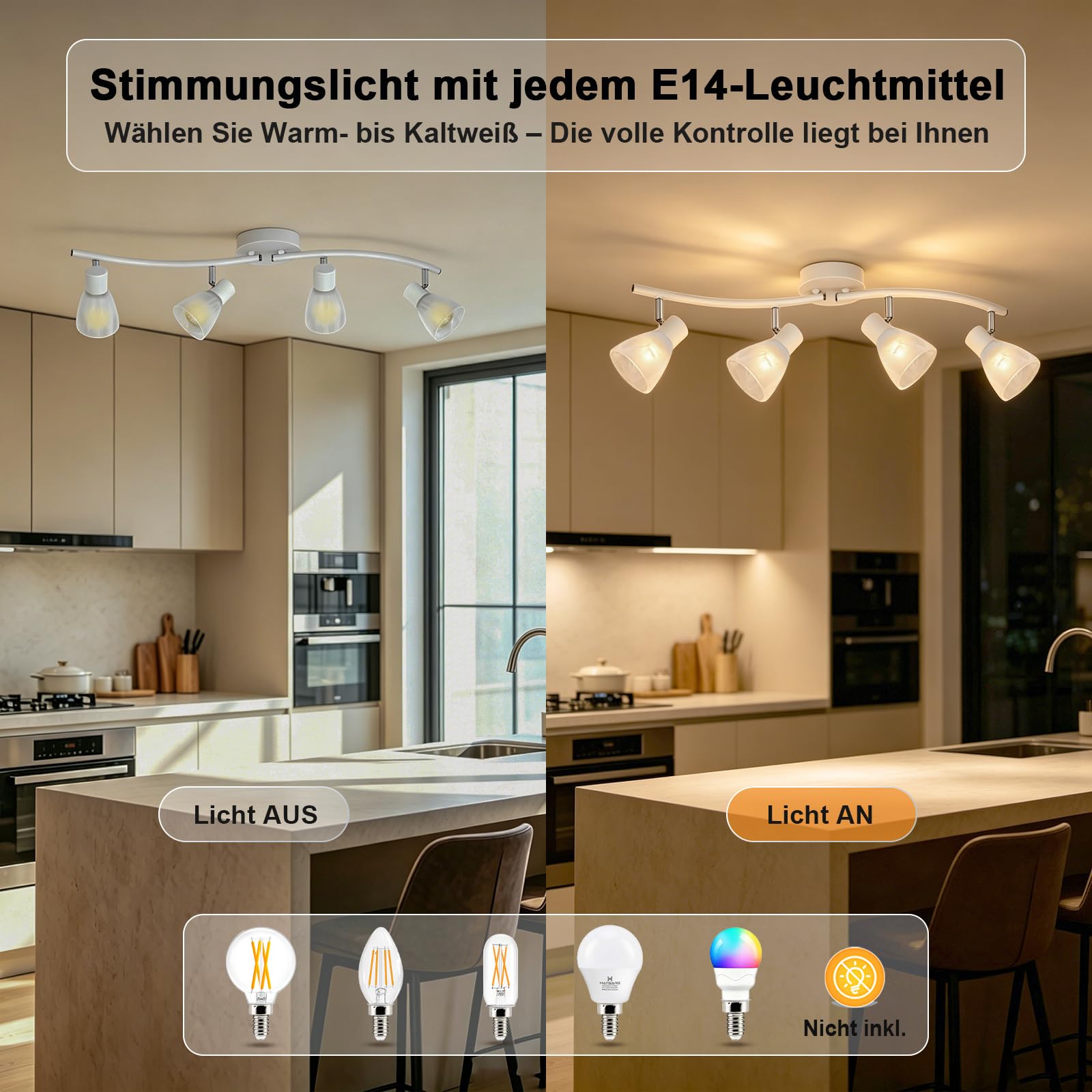 4-flammiger Deckenstrahler E14 Weiß mit Glas-Schirmen