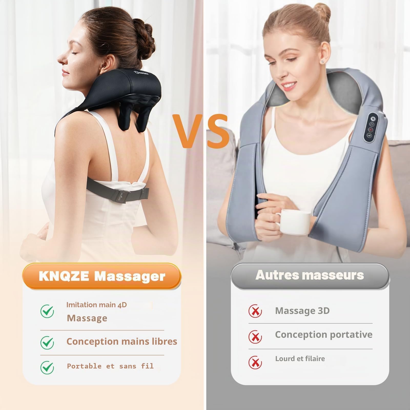KNQZE Masseur de cou avec chaleur, tissu profond électrique 4D, massage pétrissant sans fil Shiatsu pour soulager les douleurs au cou, aux épaules et aux jambes