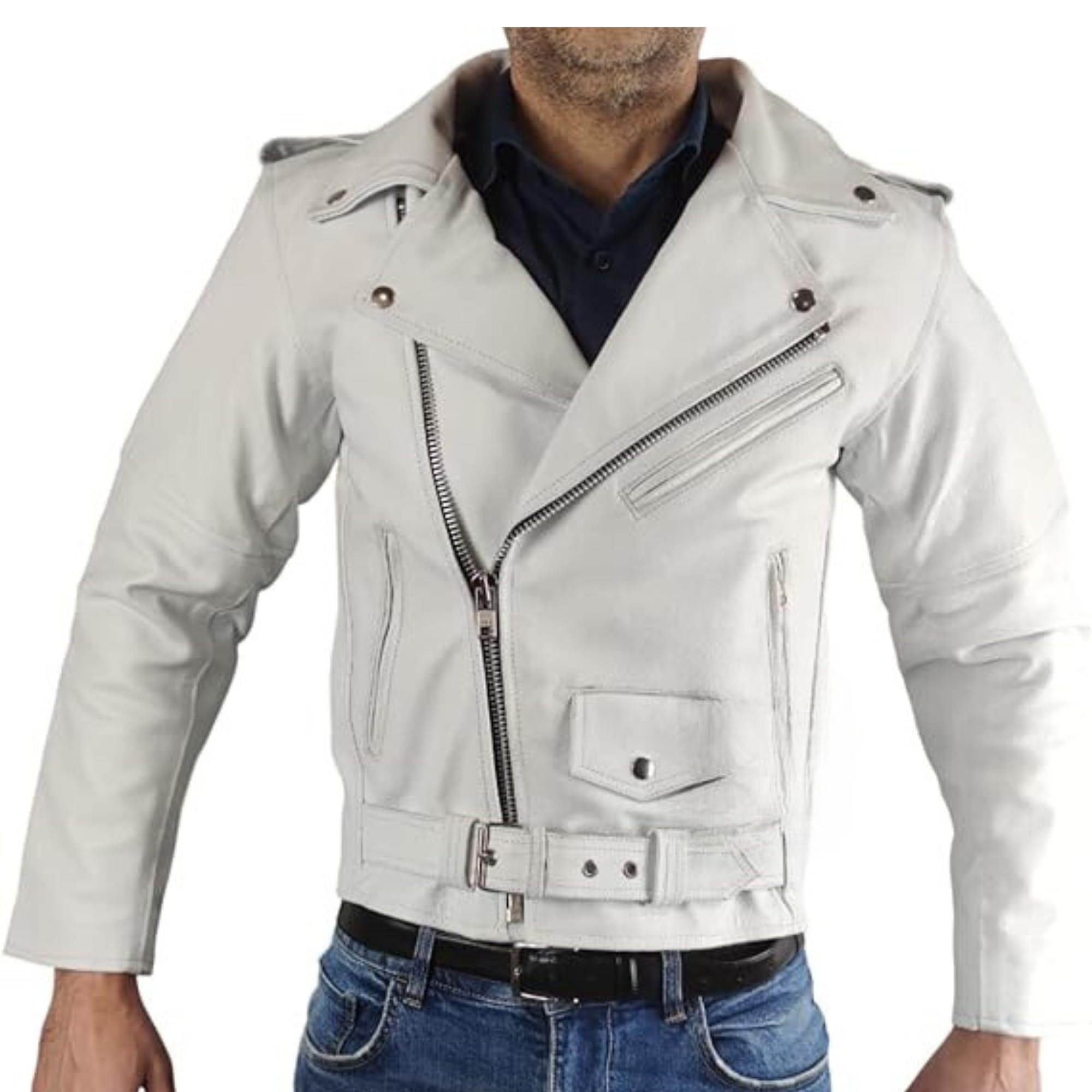 WinNet Giacca modello Chiodo di pelle Bianco in stile Moto Custom Vintage con Protezioni Removibili omologate C.E.
