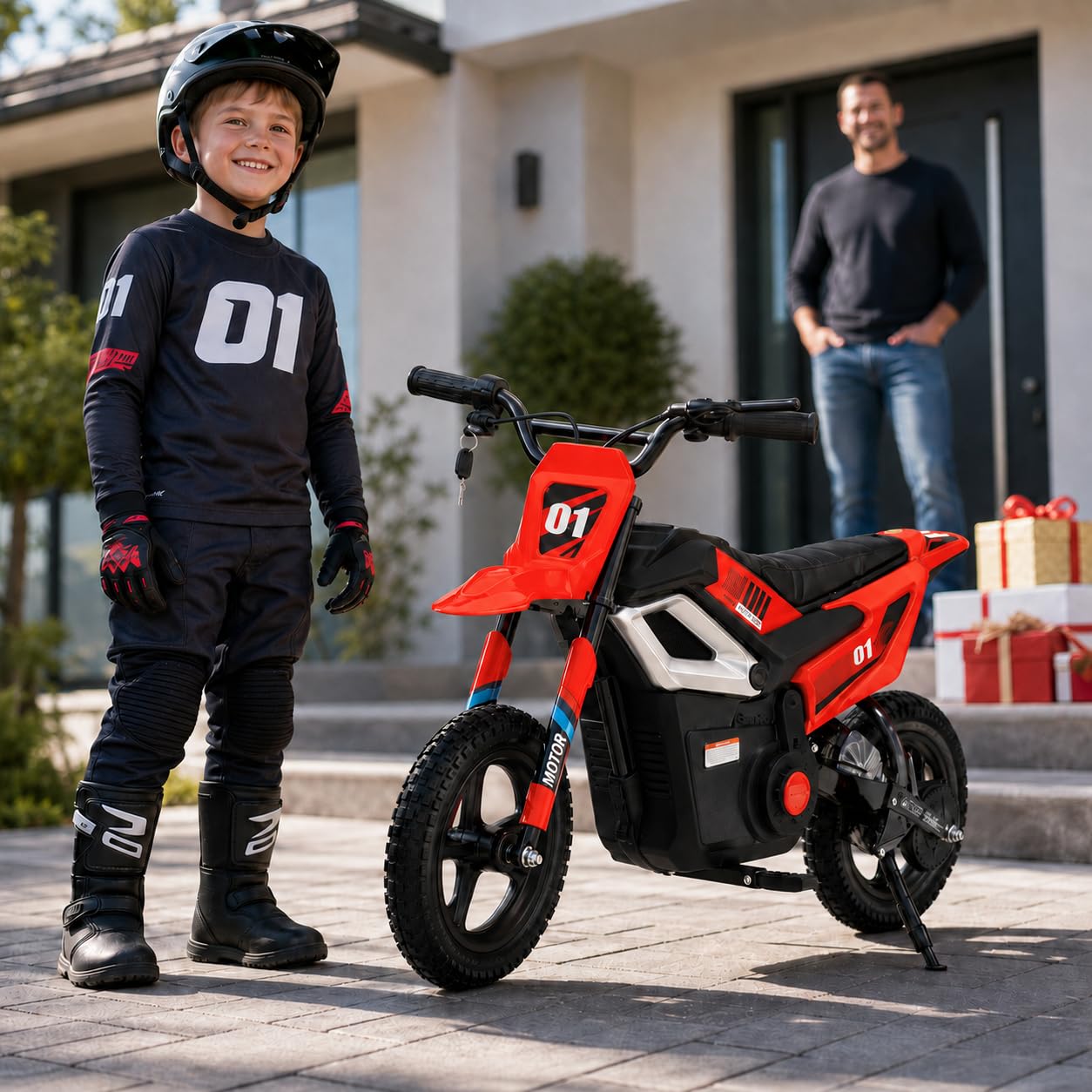 TOYSCAR Moto Elettrica per Bambini 24V 10Ah Thunder Pro Motore 350W, Minimoto Elettrica Moto Cross Elettrica, Pit Bike Elettrica, Ruote Gonfiabili 12" Freno a Disco, Sedile in Pelle, 5-10 Anni (Rosso)