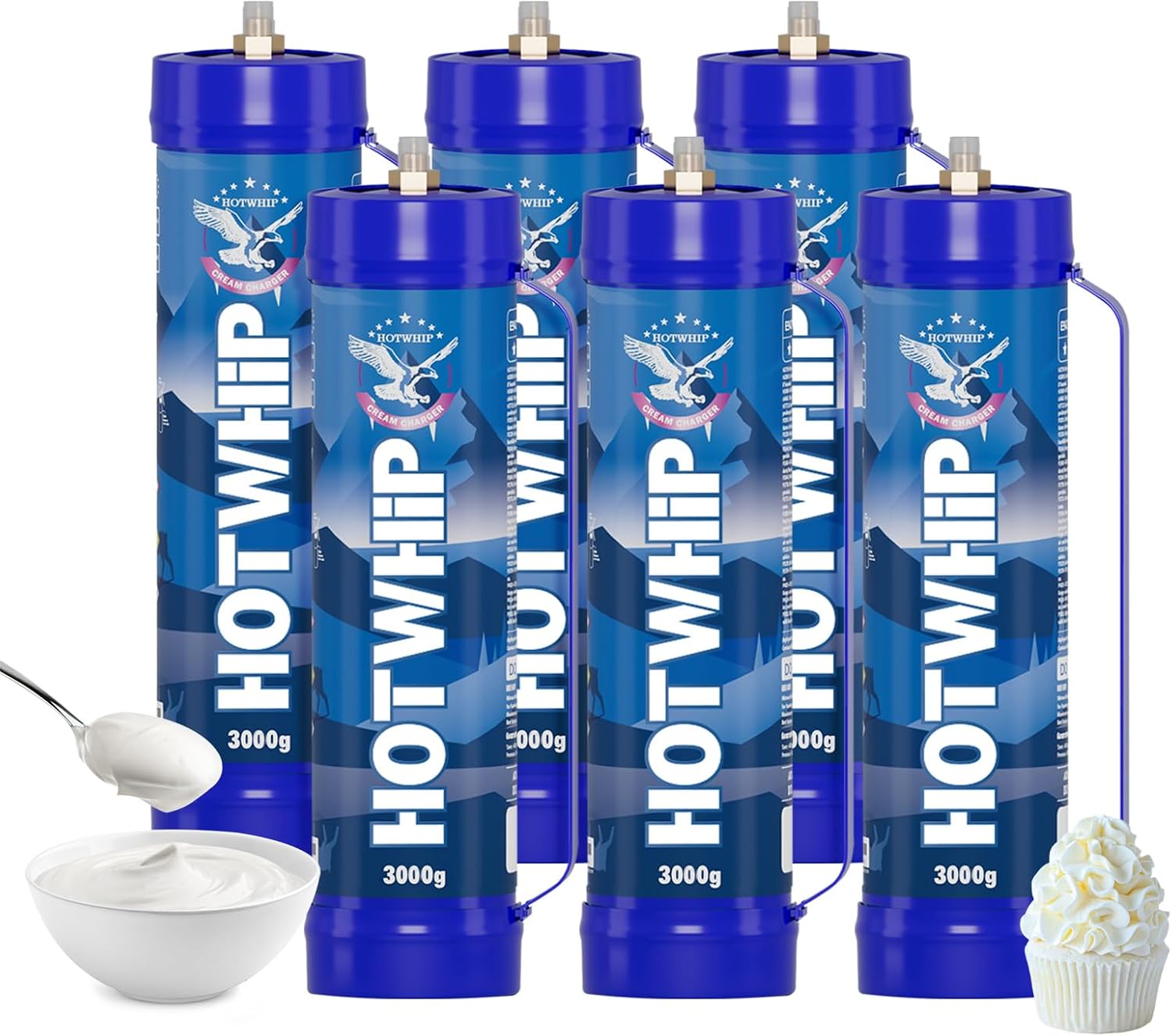 Whipped cream charger 3000g 4.5L, 99.99% purity, nozzled (6 cylinders)