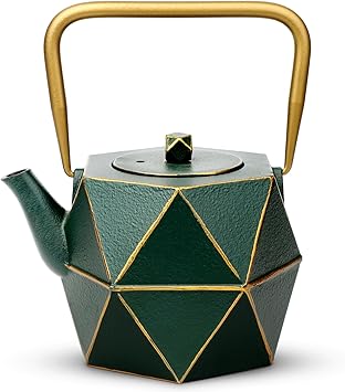 Toptier Mini Tea Kettle, Super Small Palm-sized Teapot, Stovetop Safe Japanese Cast Iron Tea Kettle, Diamond Design Tea Pot with Removable Infuser for Loose Tea, 11 Ounce 325 ml, Dark Green