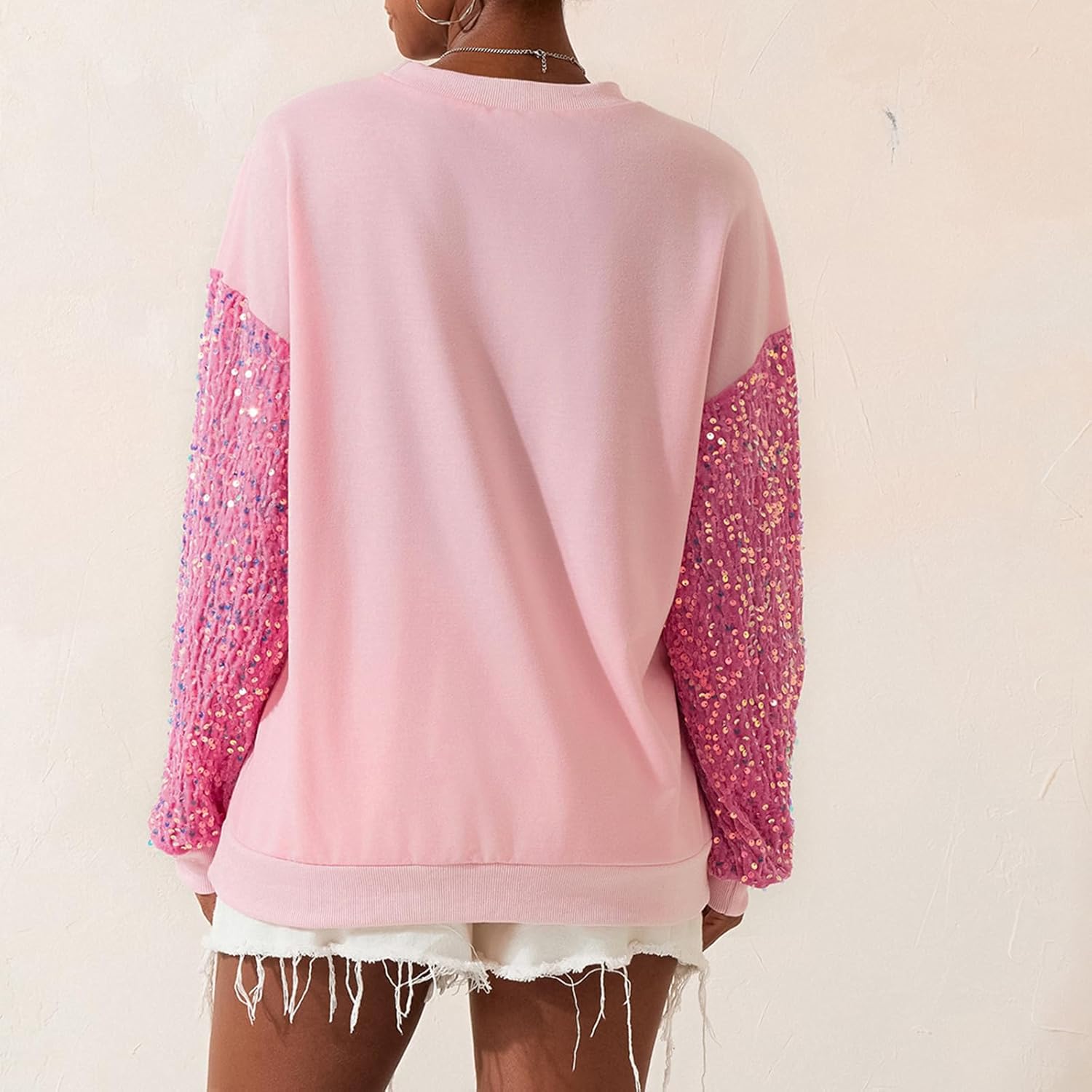 Women's Crewneck Pullover Sweatshirt with Sequin Sleeve, Trendy Fall Winter Casual&Holiday Sparkly Giltter Tops - Image 6