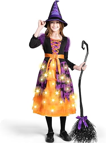 Miniatura 9 de Spooktacular Creations Disfraz de tutú de bruja de murciélago iluminado para niñas, vestido para niños pequeños con escoba y sombrero para fiestas