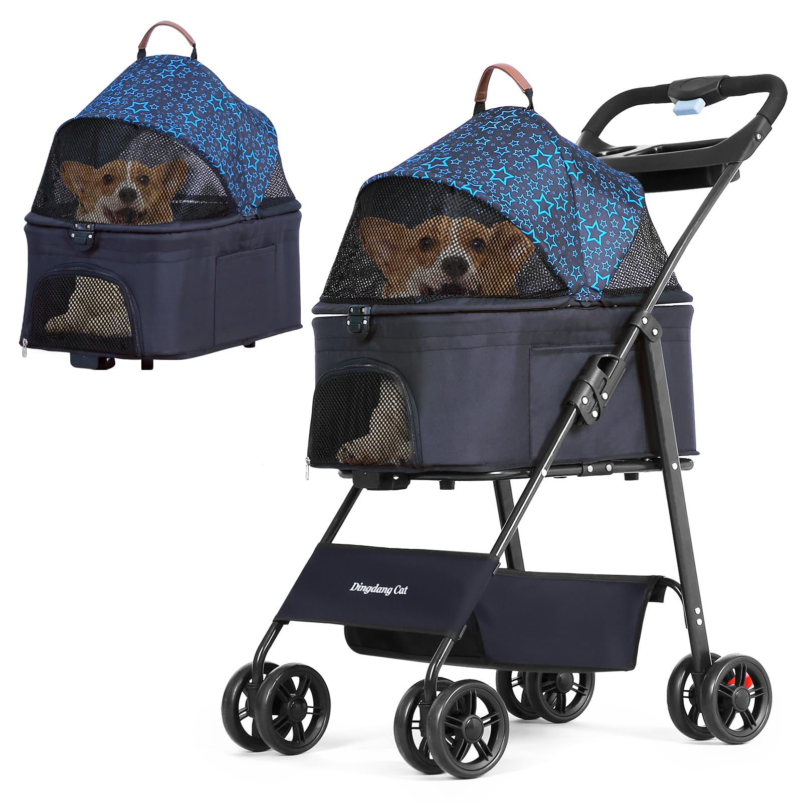 YEALEO Travel Pet Stroller Dog Pram, Foldable Small/Medium Sized Dog & Cat Trolley with Spacious Storage Basket, Safety Belt, and Cup Holder