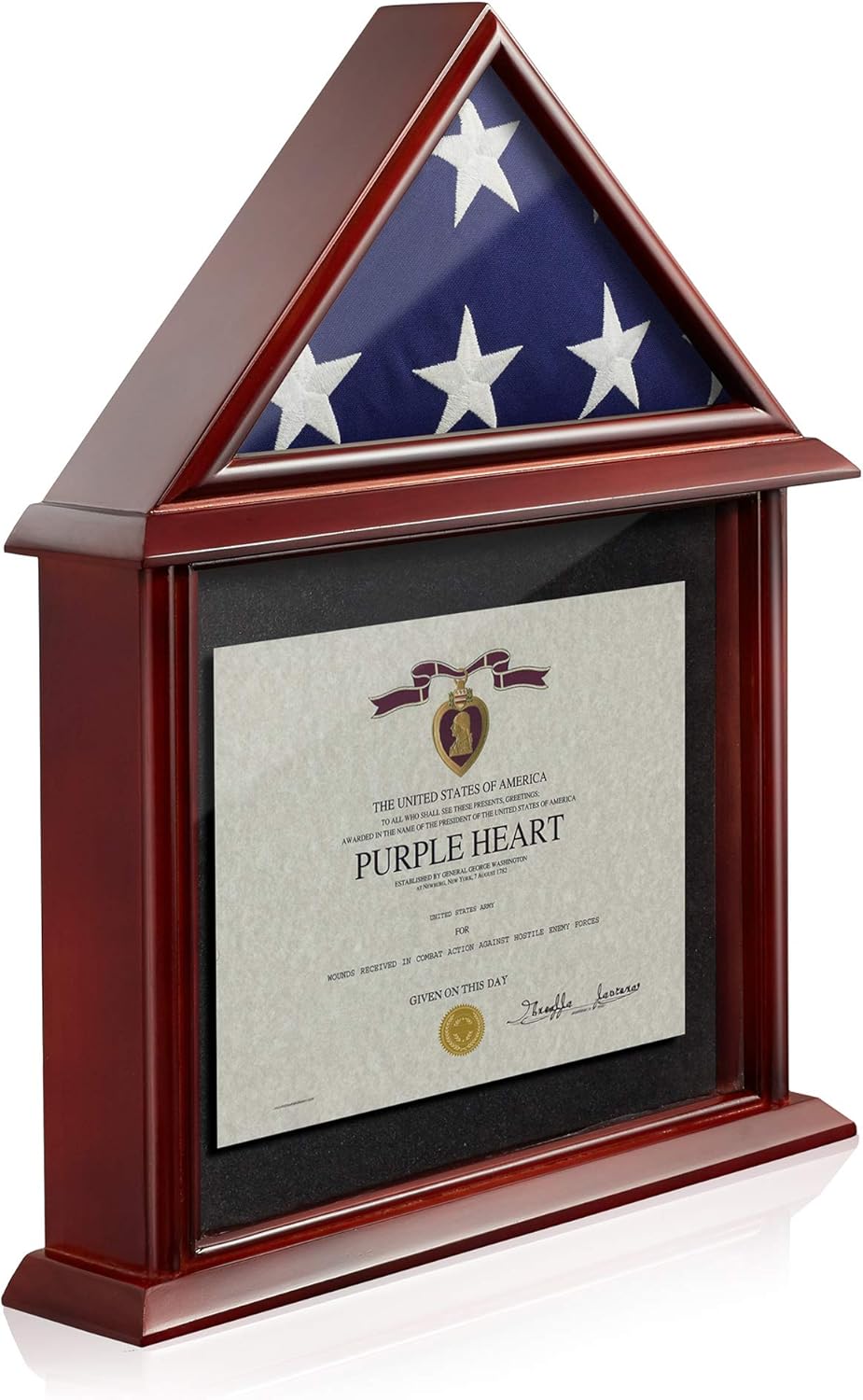 Reminded Flag and Certificate Shadow Box Display Case fits 3' x 5' Home Flown Flag, Solid Wood Mahogany Finish