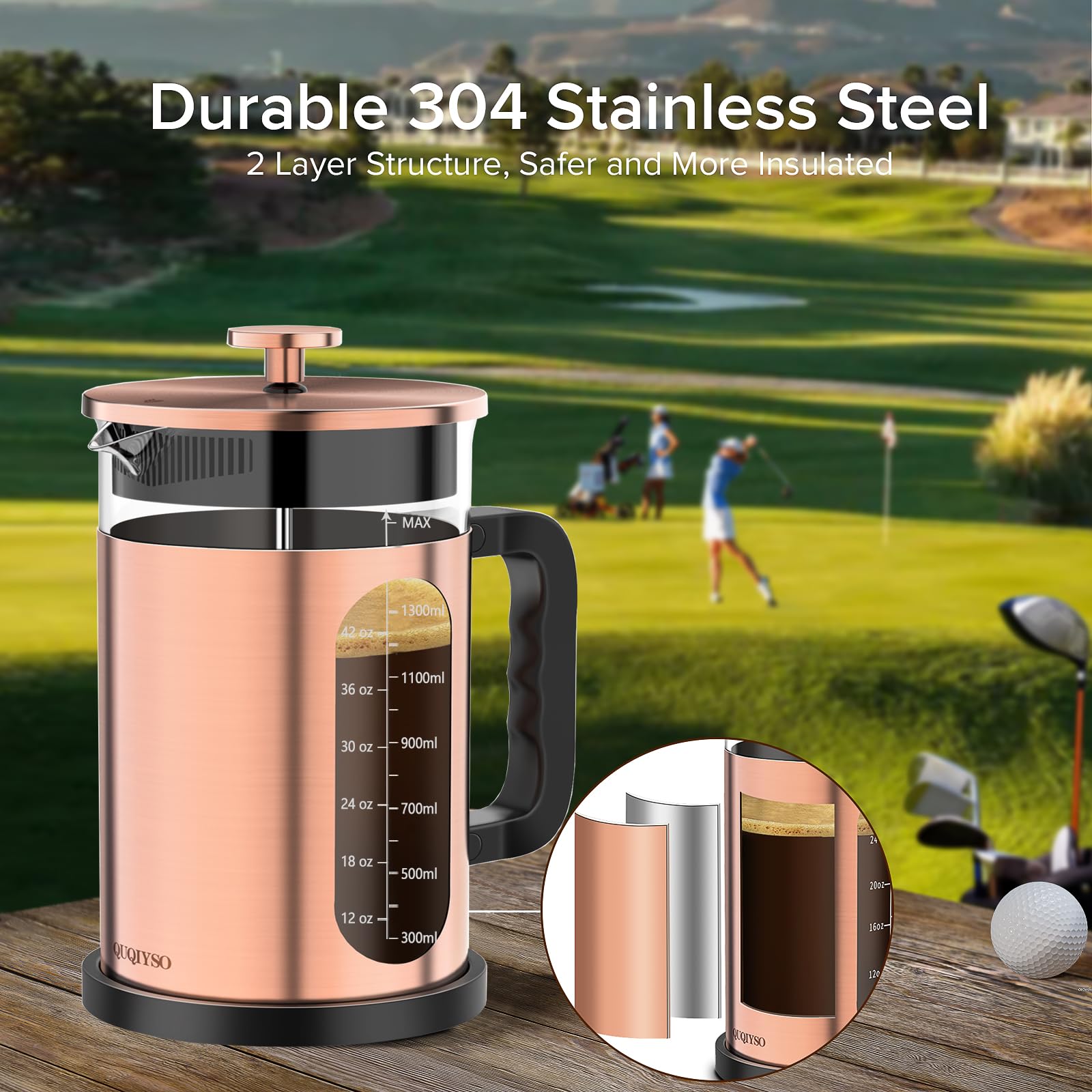 QUQIYSO Cafetera de prensa francesa de acero inoxidable 304 de 50 onzas, prensa francesa con 4 filtros, prensa de café de vidrio de borosilicato, cobre