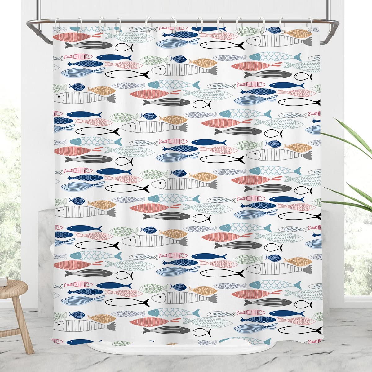 AAtter Fish Shower Curtain Nautical Beach Fishing Designer Boys Kids Teen Navy White Coastal Beachy Theme Ocean Sea Lake Blue Red Green Gray Yellow Home Bathroom Decor Bathtub Set, 60x72, Colorful