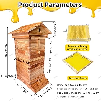 Bee Hives Boxes Starter Kit Self-Flowing Honey Hive With 4 Frames Wooden Flow Hive Beehive Complete Kit For Beekeeping Small,It Can Support Approximately 6,000 Honeybees