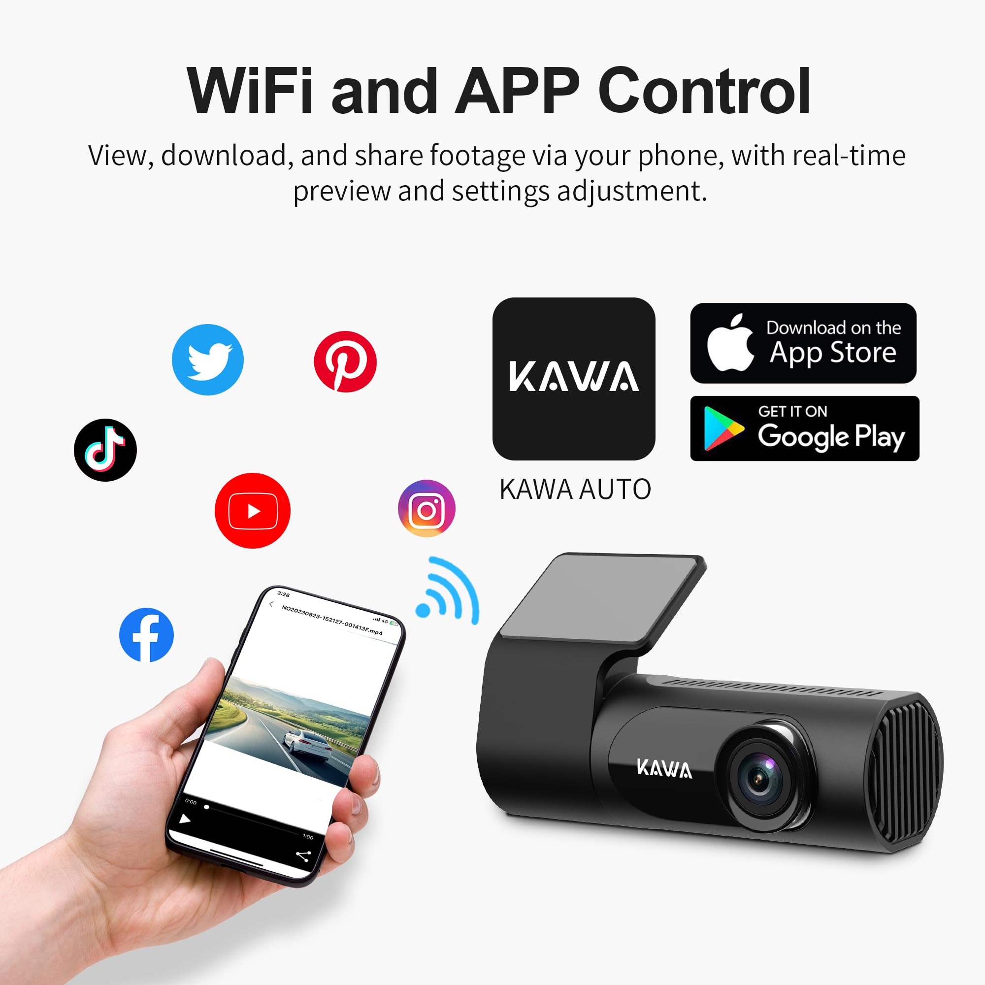 KAWA Samochodowa kamera na deskę rozdzielczą 2K 1440p QHD z superkondensatorem, obracana o 360°, Wi-Fi, czujnik G, szeroki kąt widzenia 145°, widoczność w nocy, nagrywanie w pętli, monitorowanie