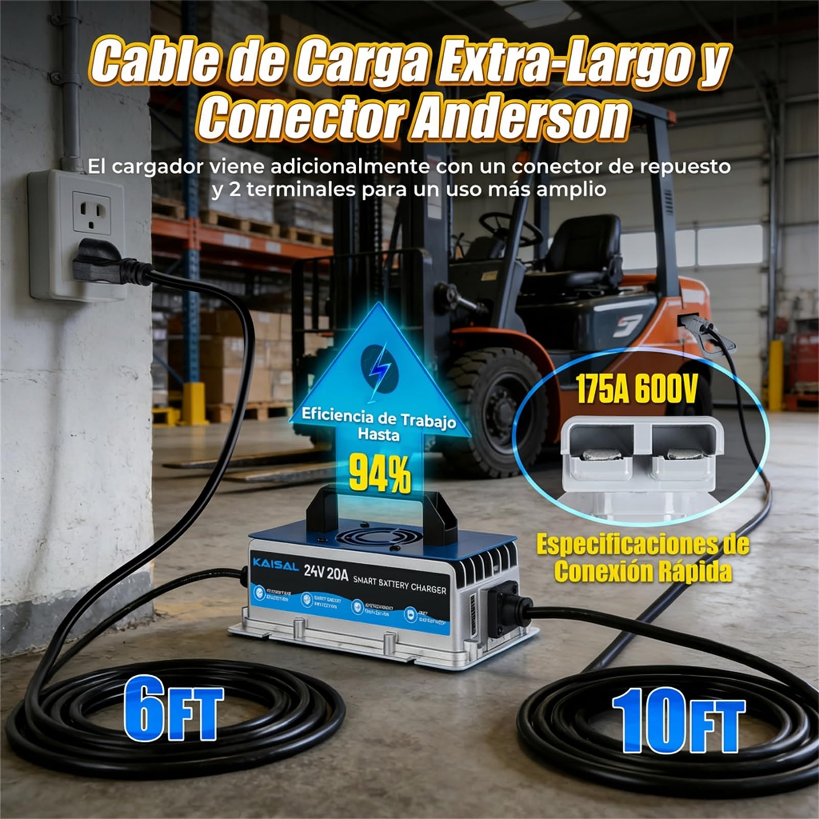 KAISAL 24V 20A Cargador de Batería Carretilla Elevadora, 24 V Cargador con Conector Anderson, Cargador de Mantenimiento Automático para 24 V Baterías de Plomo