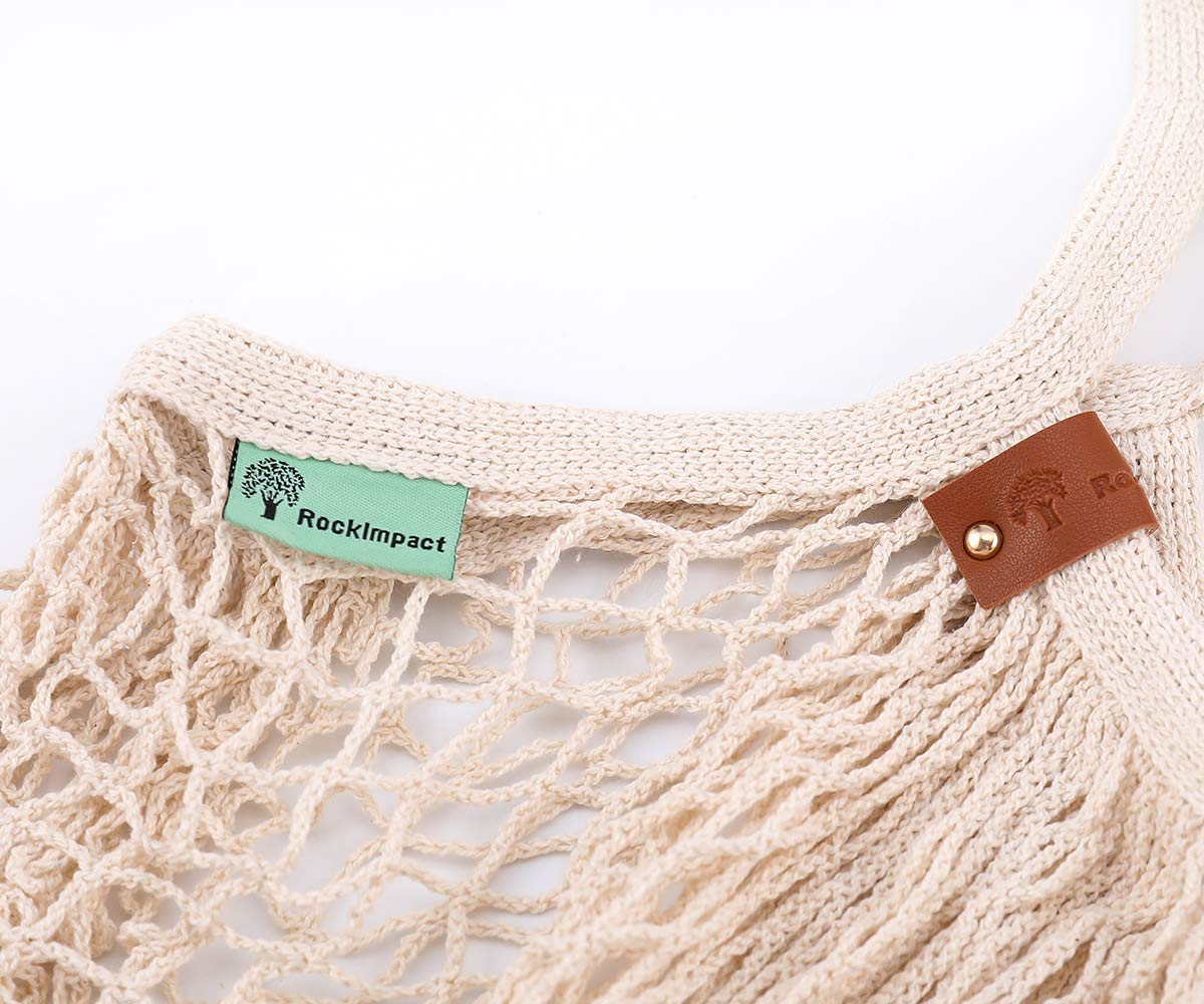 ROCKIMPACT Paquete de 12 bolsas de malla reutilizables con asas largas, color beige