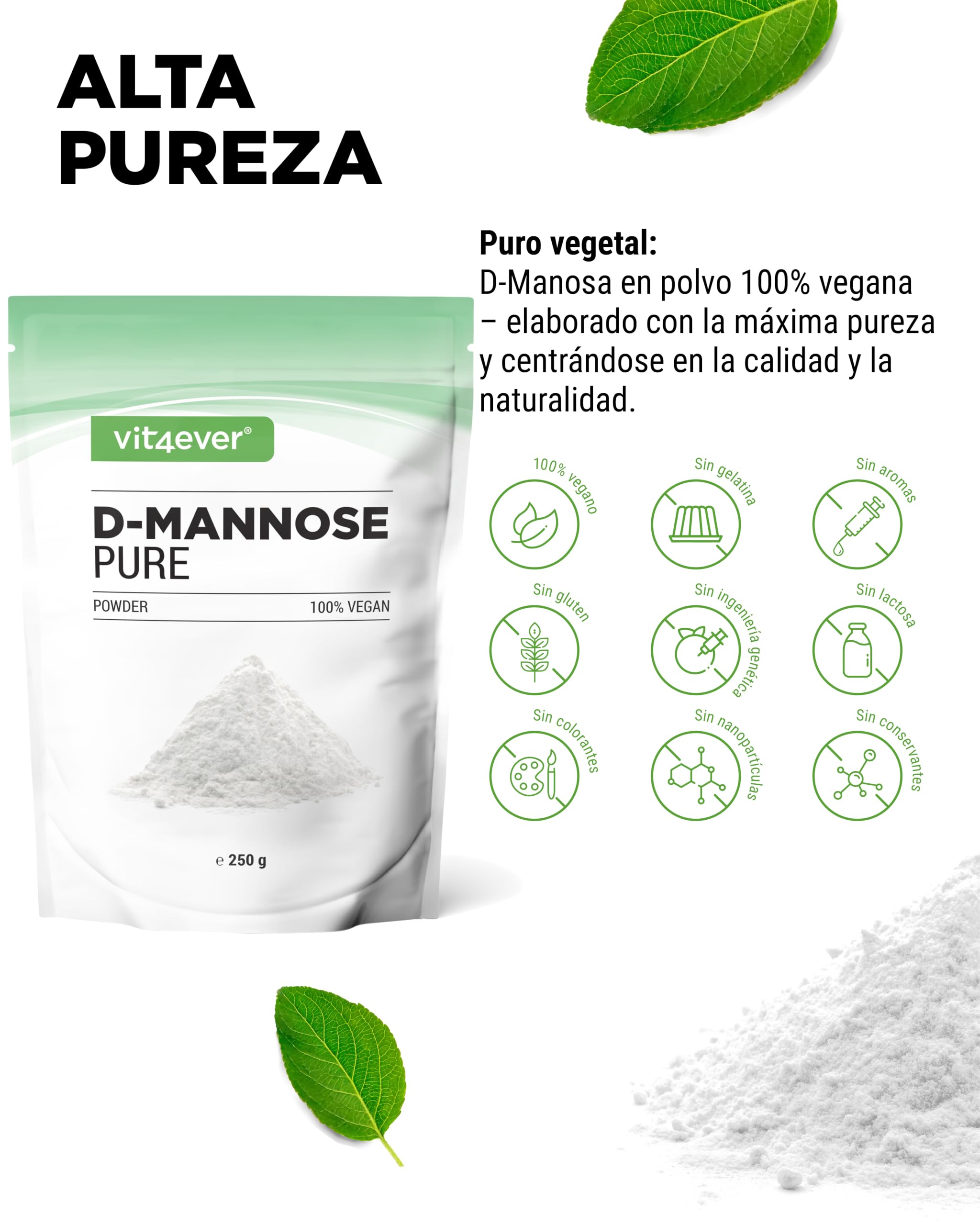 D-Manosa en polvo - 250 g - (suministro para 4,1 meses) - De fermentación vegetal - Puro y natural - Sin aditivos - Vegano